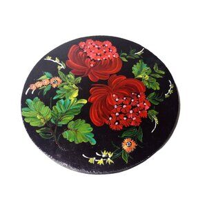 Handpainted Wooden Slab Floral Wall Hanging Decor Vintage Black Red Ethnic